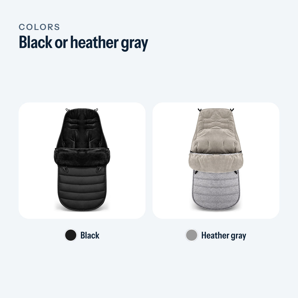 The two colors of the footmuff: black and heather gray