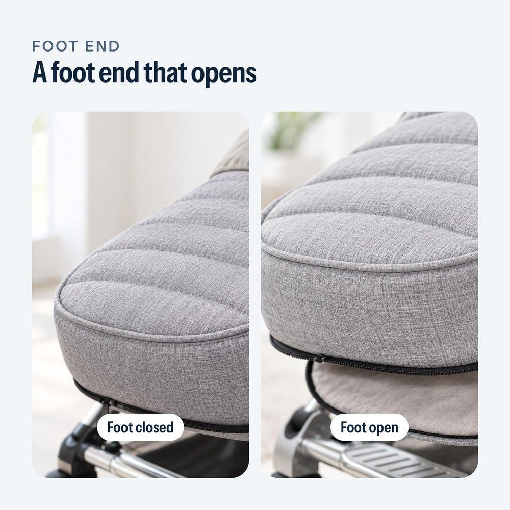 Footmuff foot end closed, then opened with its zip