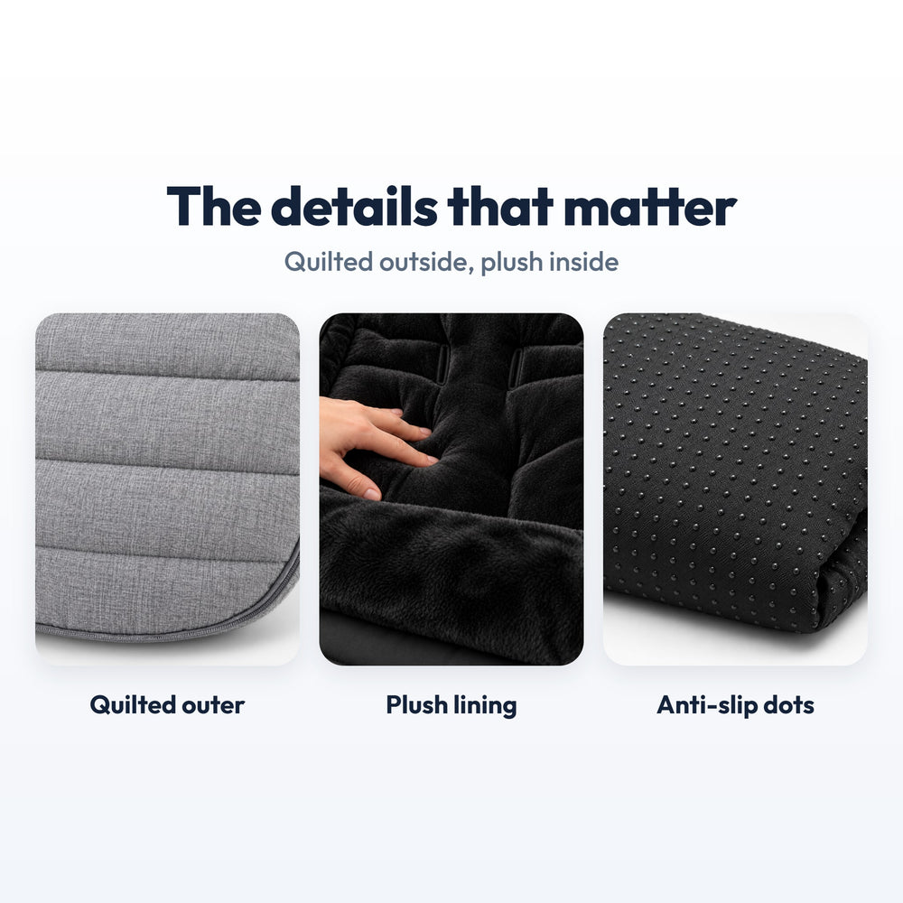 Securidou Winter Stroller Footmuff: close-ups of the quilting, the lining and the grip dots