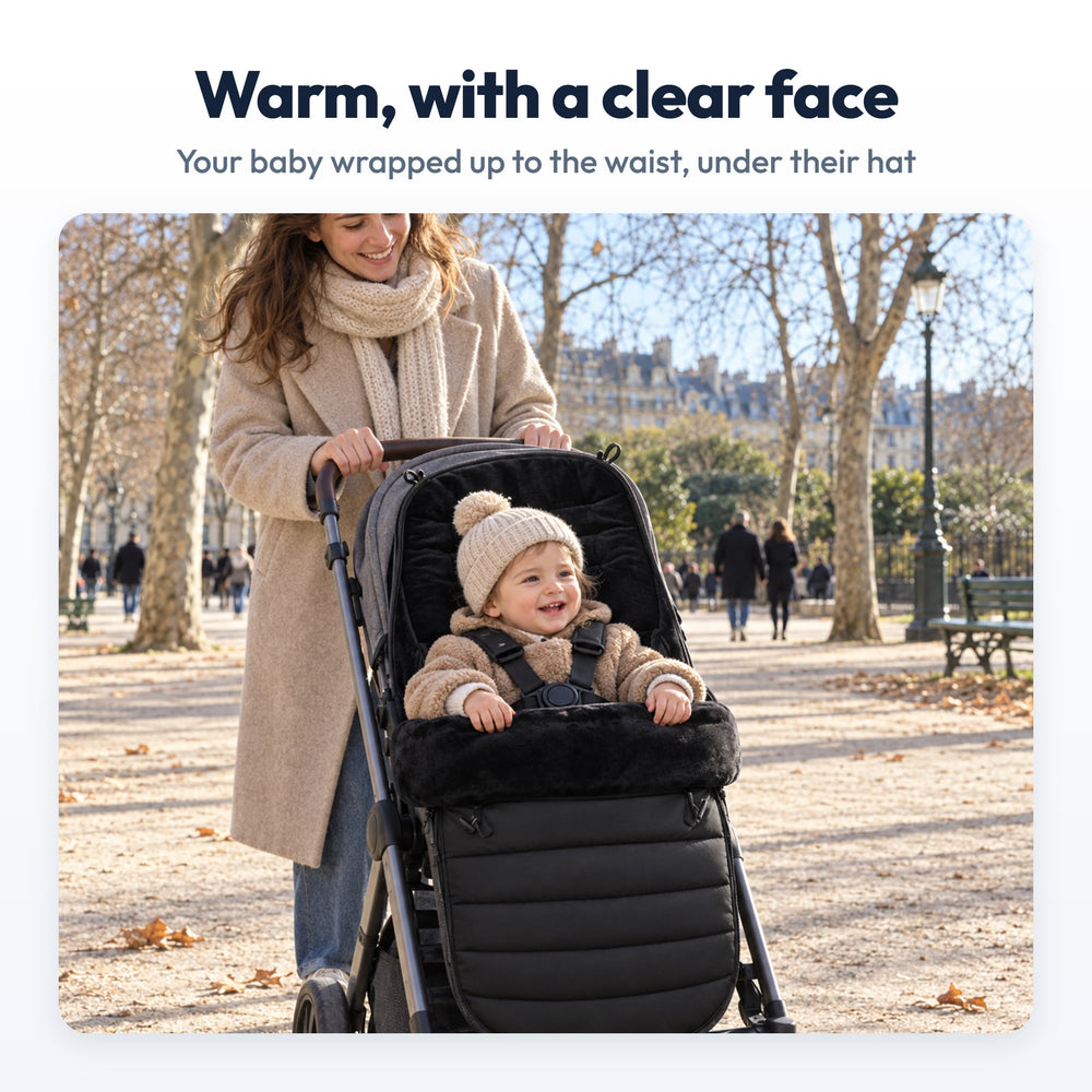 Securidou Winter Stroller Footmuff: baby kept warm on a walk, face uncovered