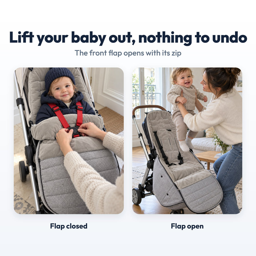 Securidou footmuff: front flap unzipped to lift baby out