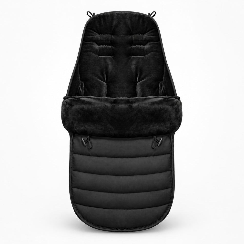 Securidou black stroller footmuff, faux-fur trimmed flap, on a white background