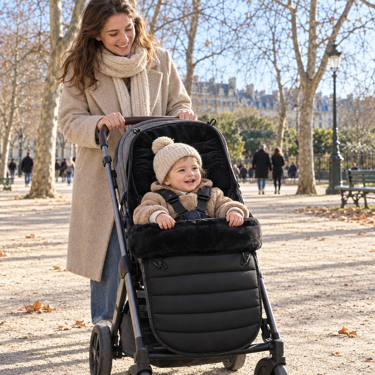 Baby kept warm in the black Securidou footmuff, harness buckled, face uncovered, on a winter walk