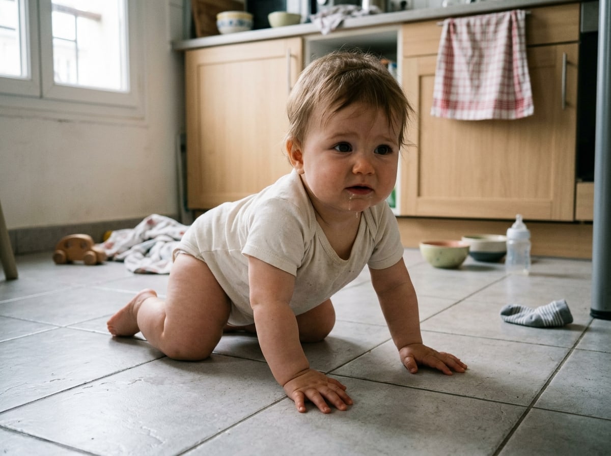 Baby on all fours with bare knees, on a tiled kitchen floor