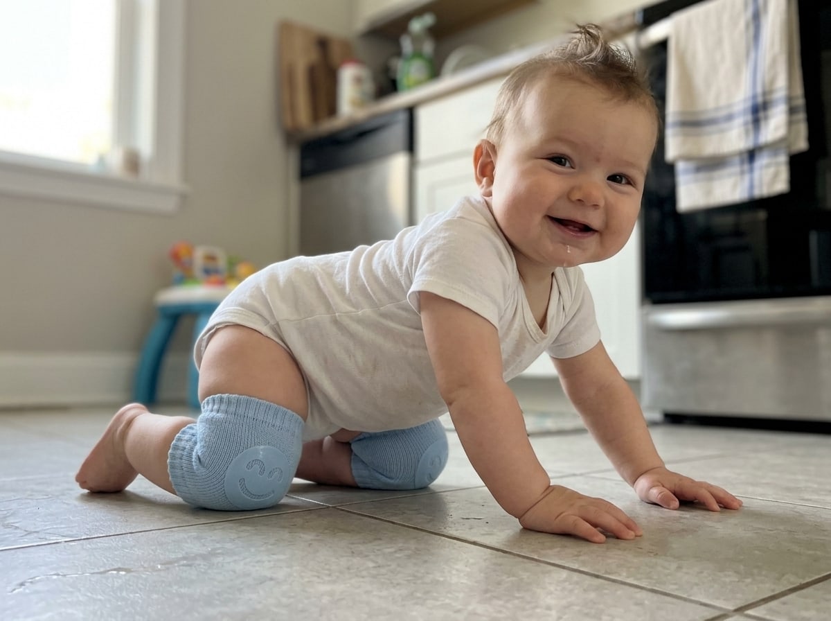 Baby on all fours on the tiles, wearing blue knee pads