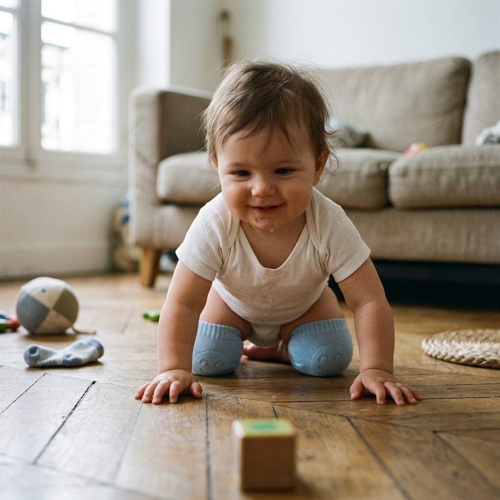 Baby on all fours on a wooden floor, wearing the Securidou knee pads on their knees