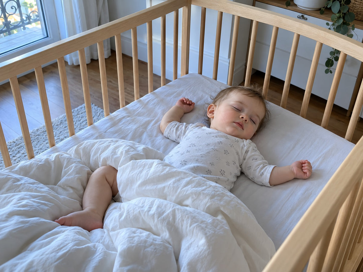 Baby asleep uncovered, the comforter kicked down to the foot of the bed
