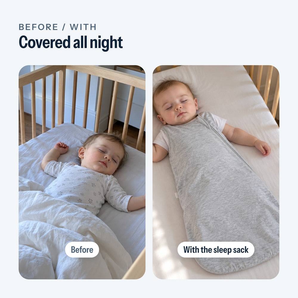 Before, the comforter kicked to the foot of the crib; with, the baby covered by the sleep sack