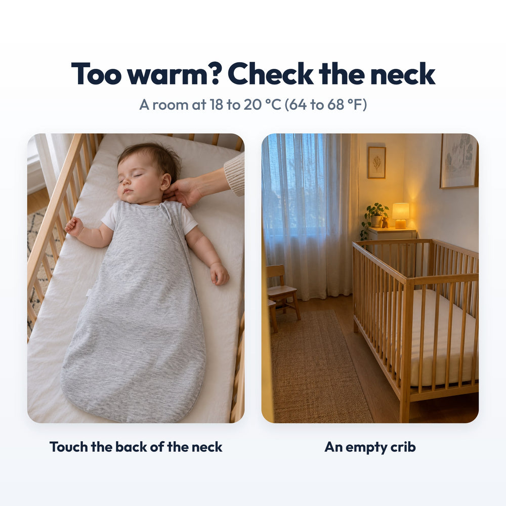 Securidou Sleeveless Bamboo Baby Sleep Sack: room at 18 to 20 °C, warmth checked at the back of the neck