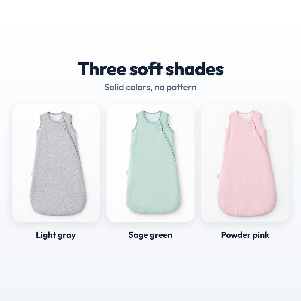 Securidou sleeveless sleep sack in three colors: light gray, sage green, powder pink