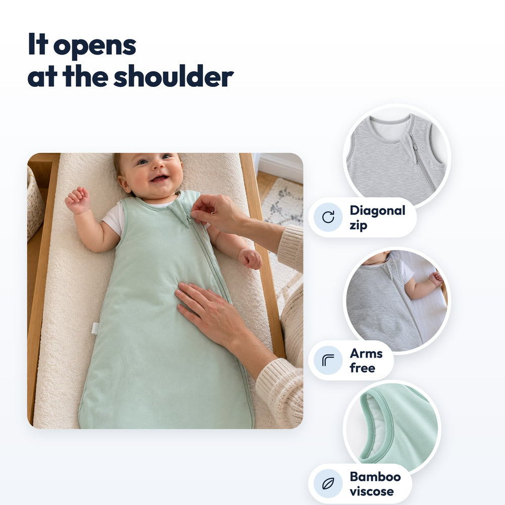 Securidou Sleeveless Bamboo Baby Sleep Sack: diagonal zip that opens at the shoulder, arms free