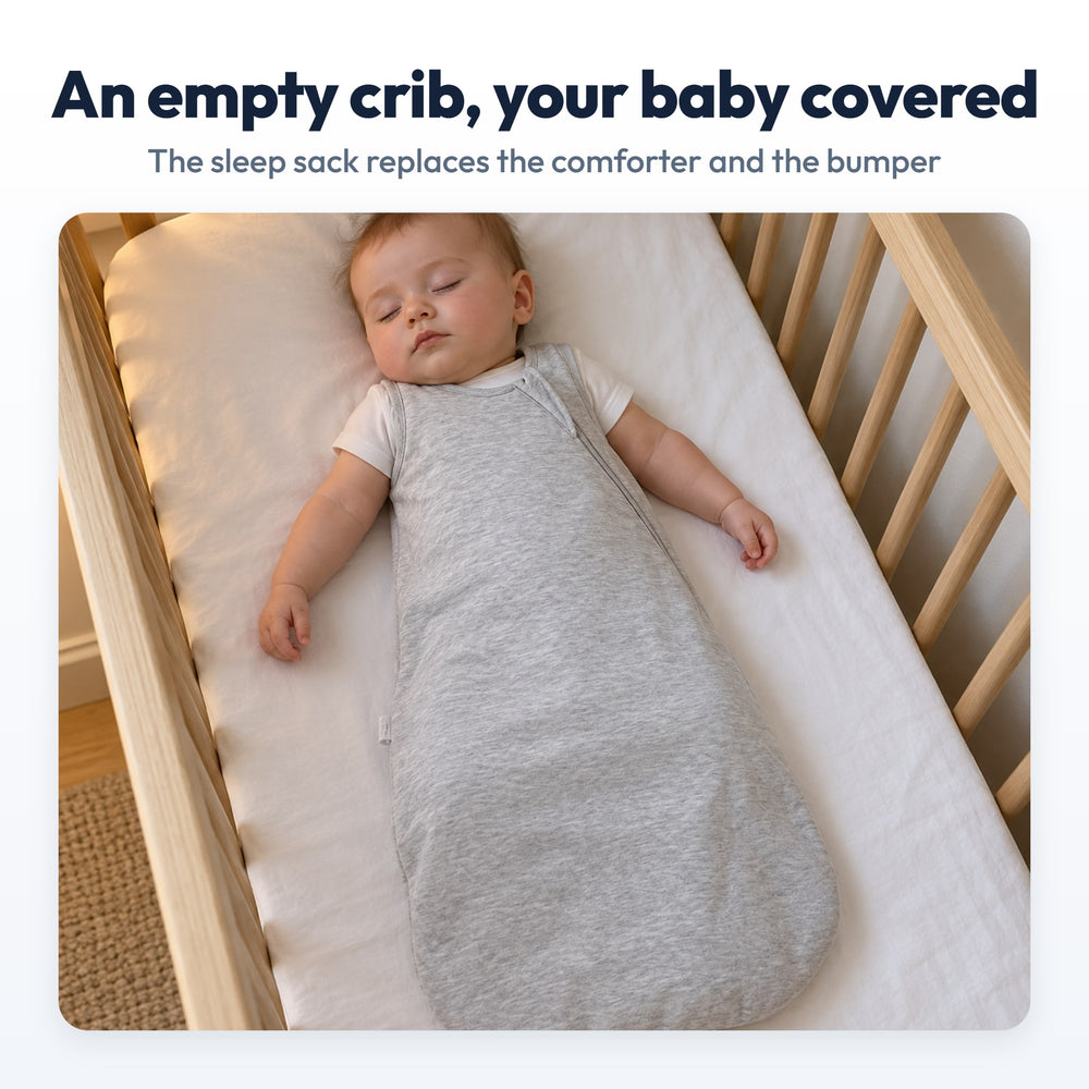 Securidou Sleeveless Bamboo Baby Sleep Sack: baby asleep on their back in an empty crib