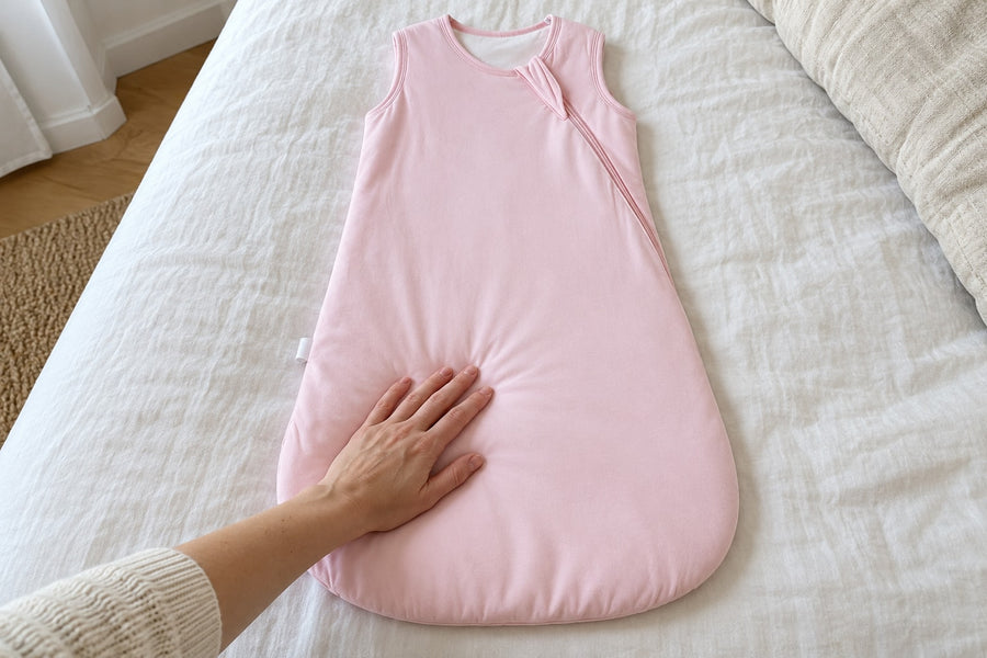 Hand resting on the bamboo viscose jersey of the powder pink Securidou sleep sack