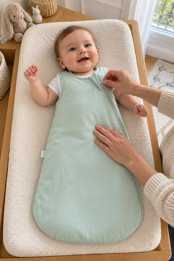 A parent’s hand zipping up the diagonal zip of the sage green Securidou sleep sack, the other hand on the baby