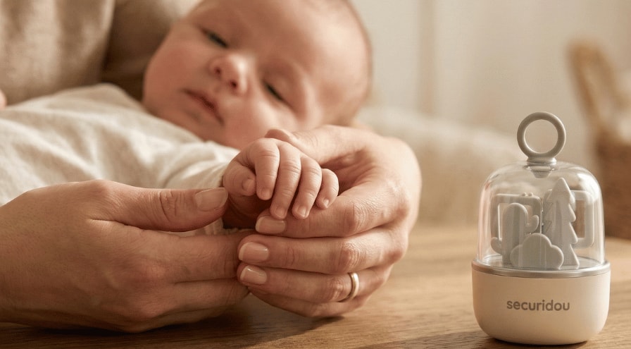 Parent holding their baby's hand, with the Securidou nail kit on the table