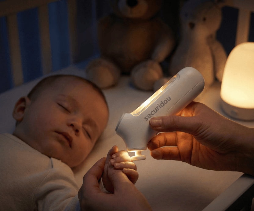 Parent filing their sleeping baby's nails with the Securidou electric nail file, its light on