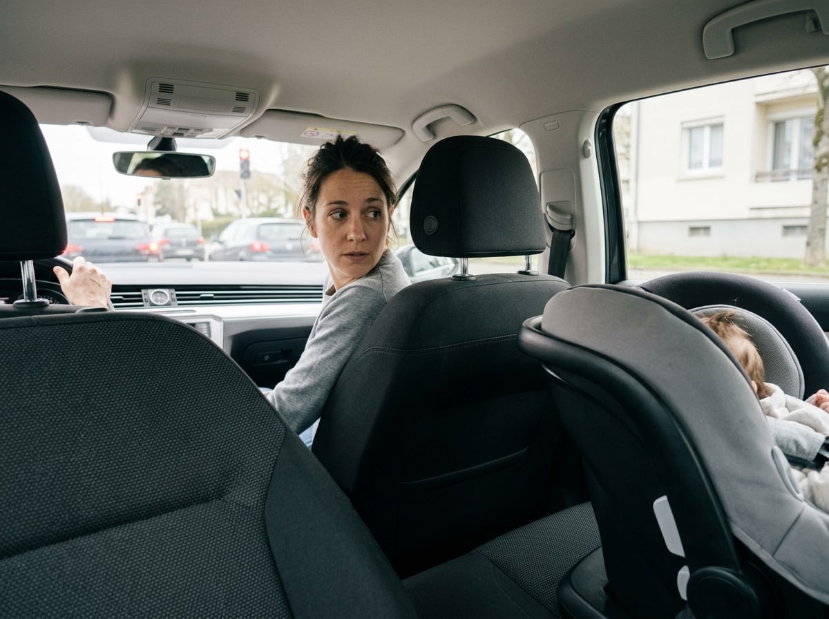 Driver stopped at a red light, turning round towards the car seat in the back