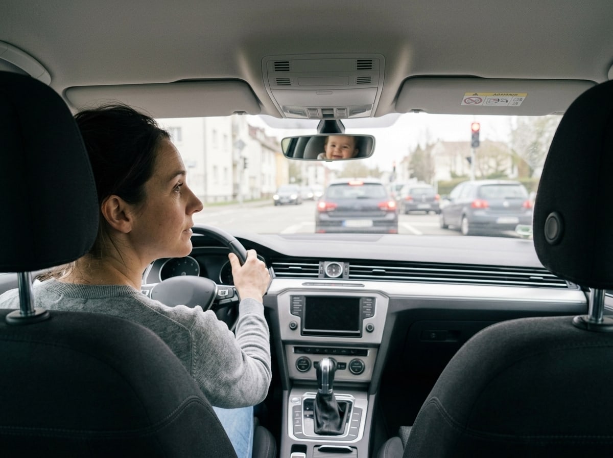 The same driver, facing the road, seeing her baby in the rear-view mirror