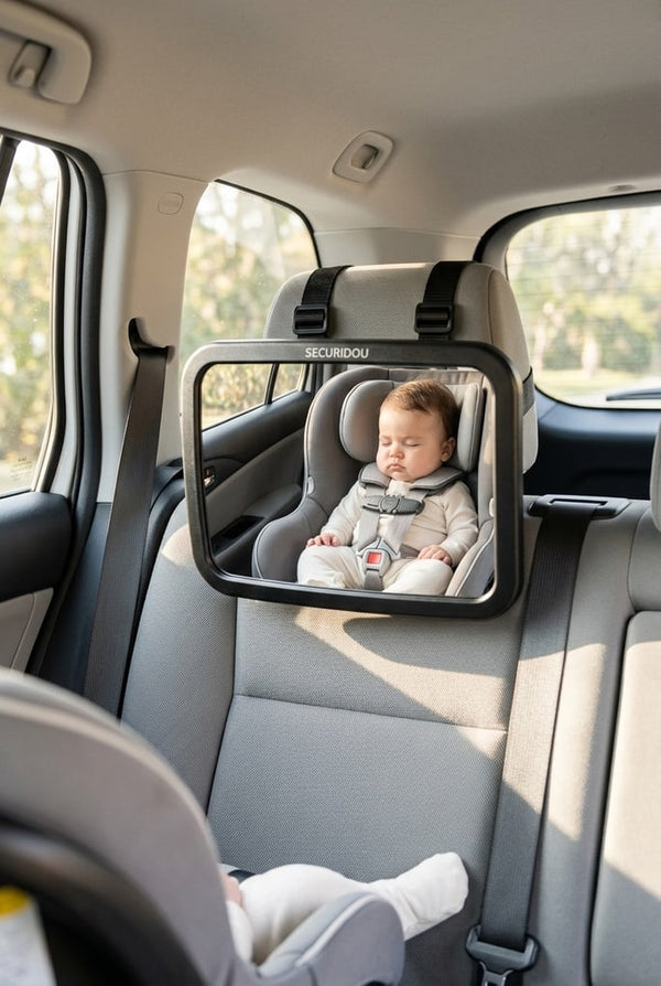 Baby asleep in the car seat, visible in the mirror fitted to the headrest