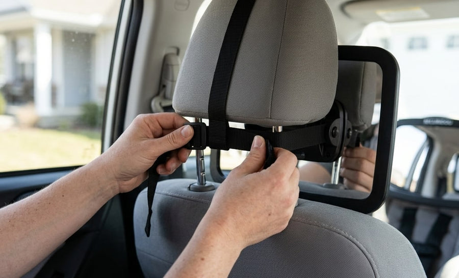 Hands tightening the mirror strap around the headrest, with no tools