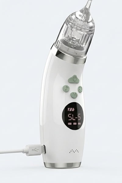 Securidou electric nasal aspirator plugged into its USB-C cable