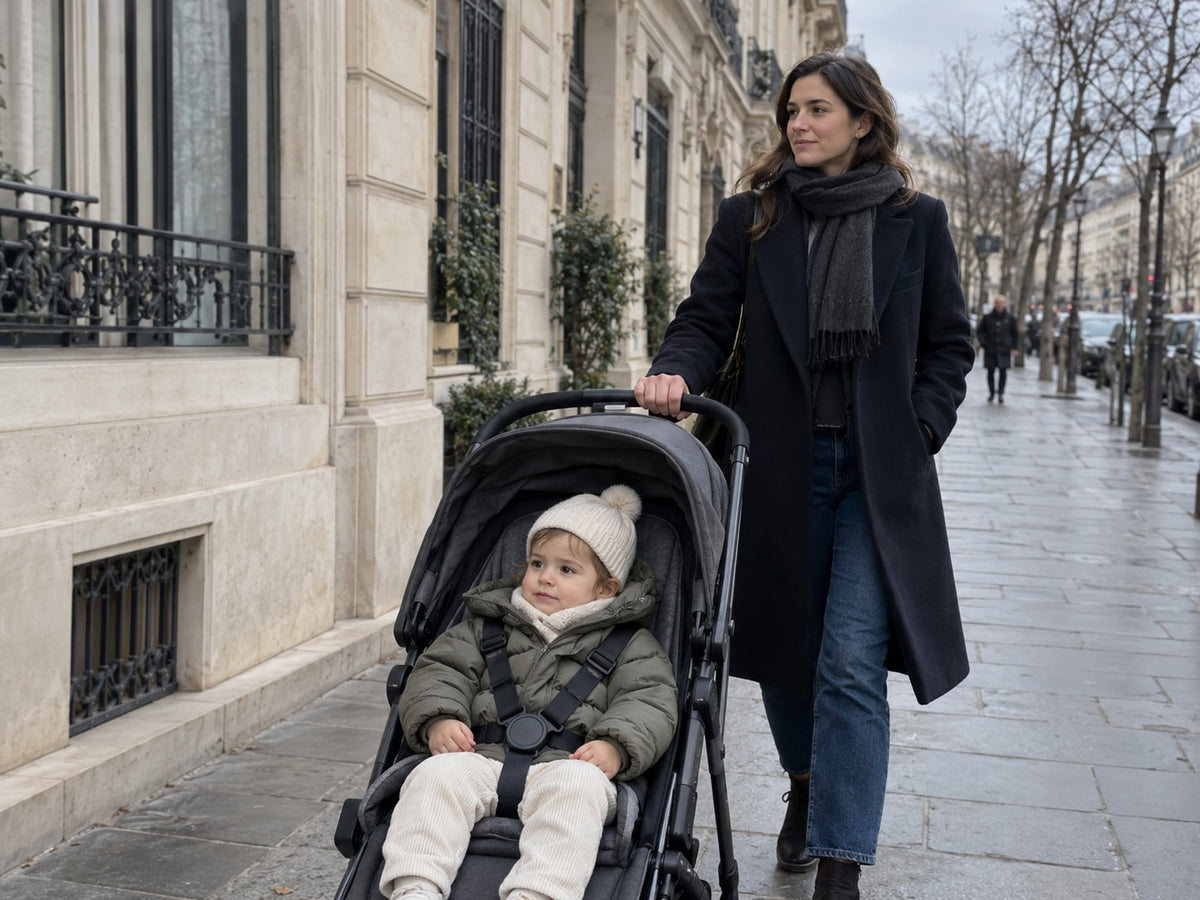 Parent pushing the stroller with one hand, the other in a pocket, in cold weather