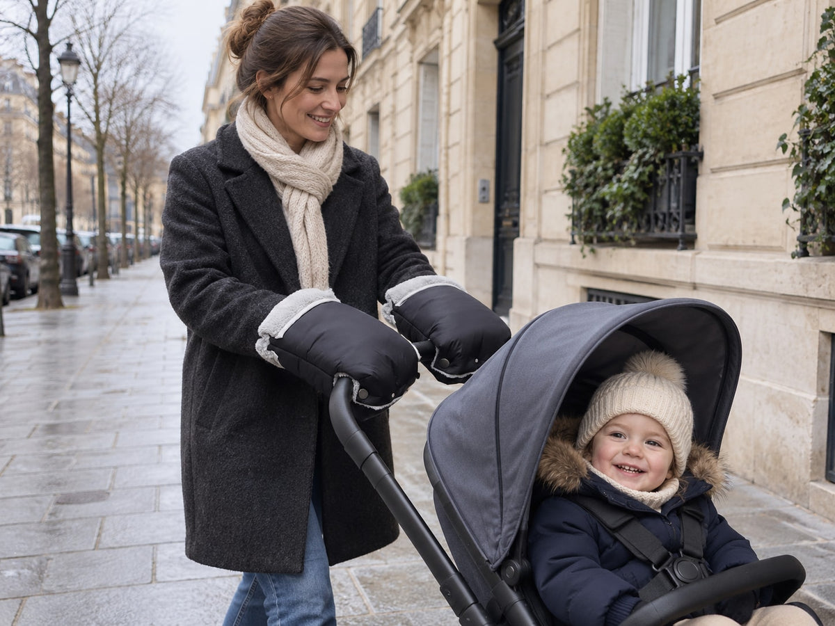 Parent pushing the stroller with both hands, slipped into the black Securidou mittens