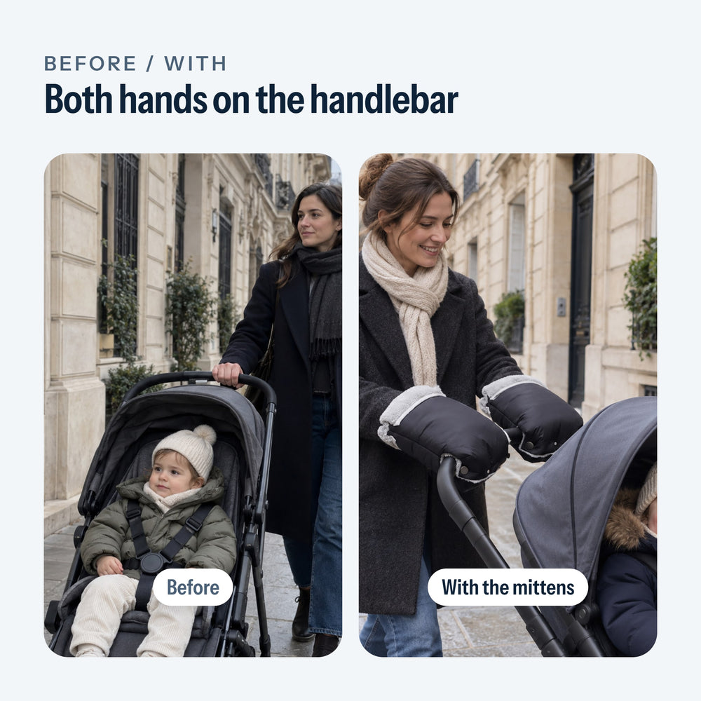 Before, one hand in a pocket; with, both hands on the handlebar in the mittens