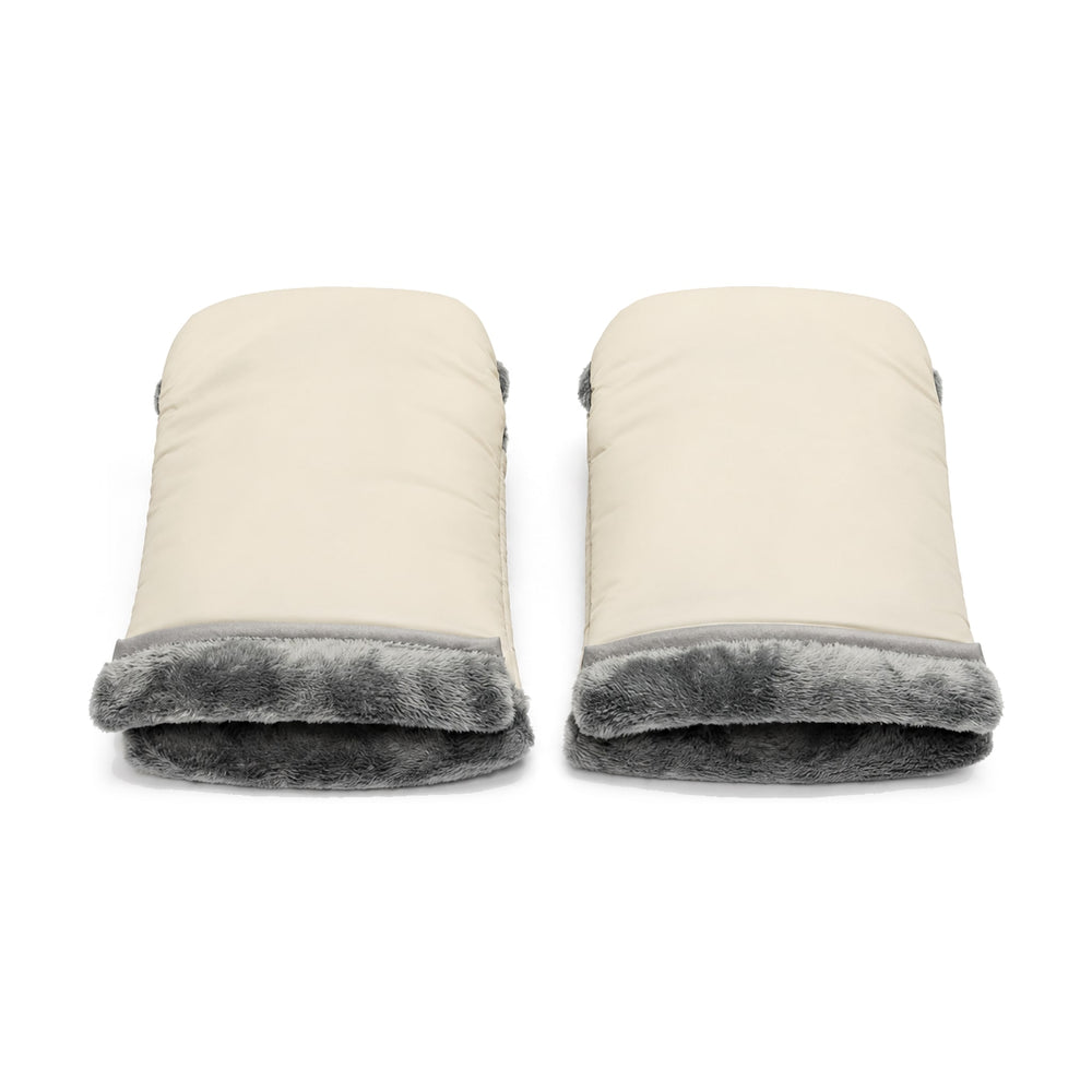 Beige Securidou stroller mittens, gray plush lining, on a white background