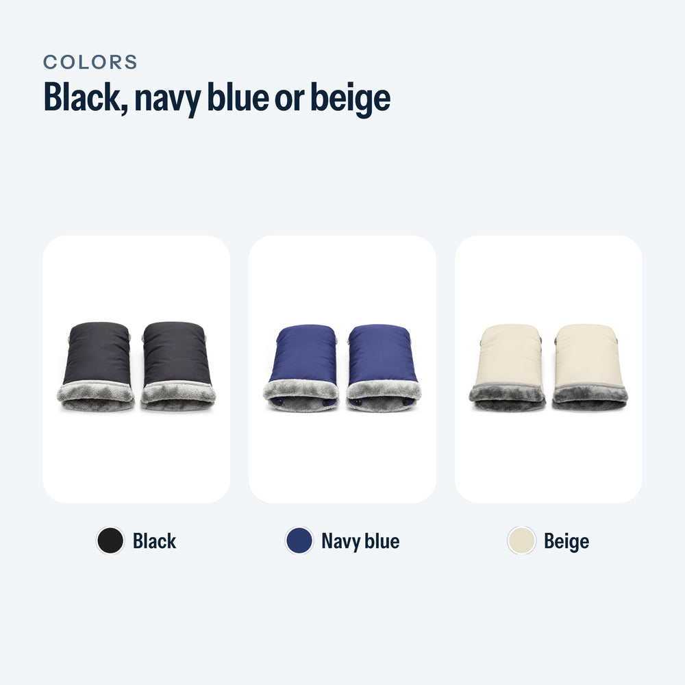 The three colors of the mittens: black, navy blue or beige