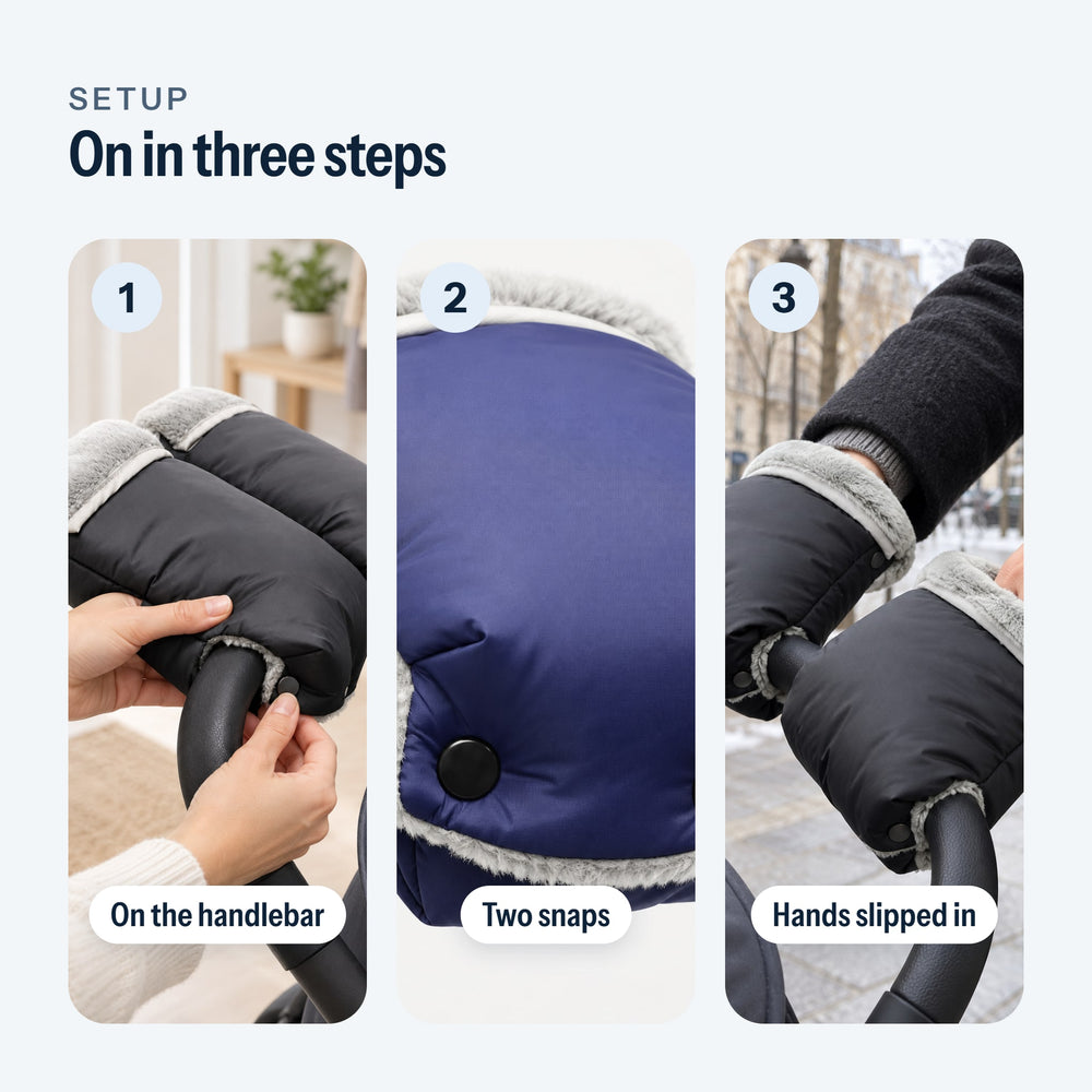 Putting the mittens on the handlebar in three steps