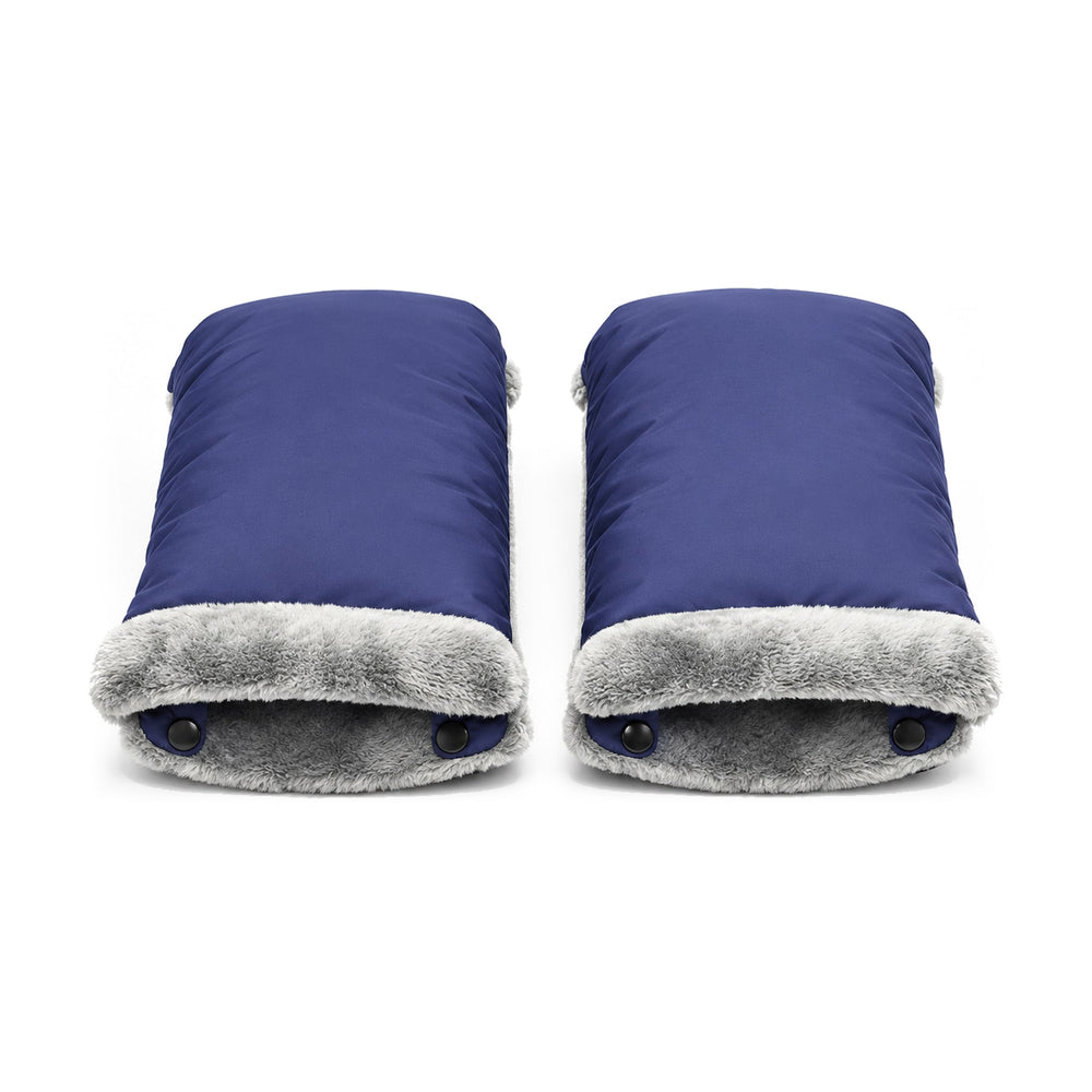 Navy blue Securidou stroller mittens, gray plush lining, on a white background