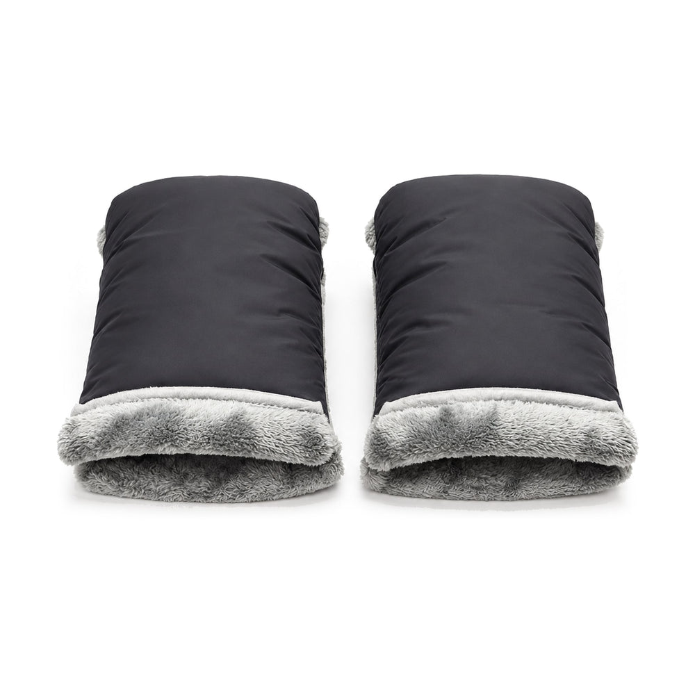 Black Securidou stroller mittens, gray plush lining, on a white background