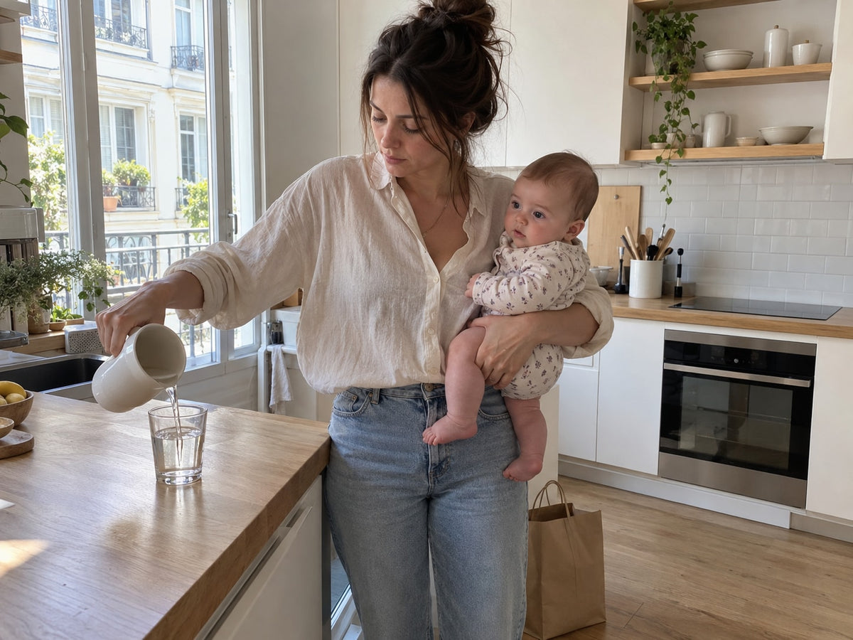 Mother holding her baby on one arm and pouring a glass of water with the other hand