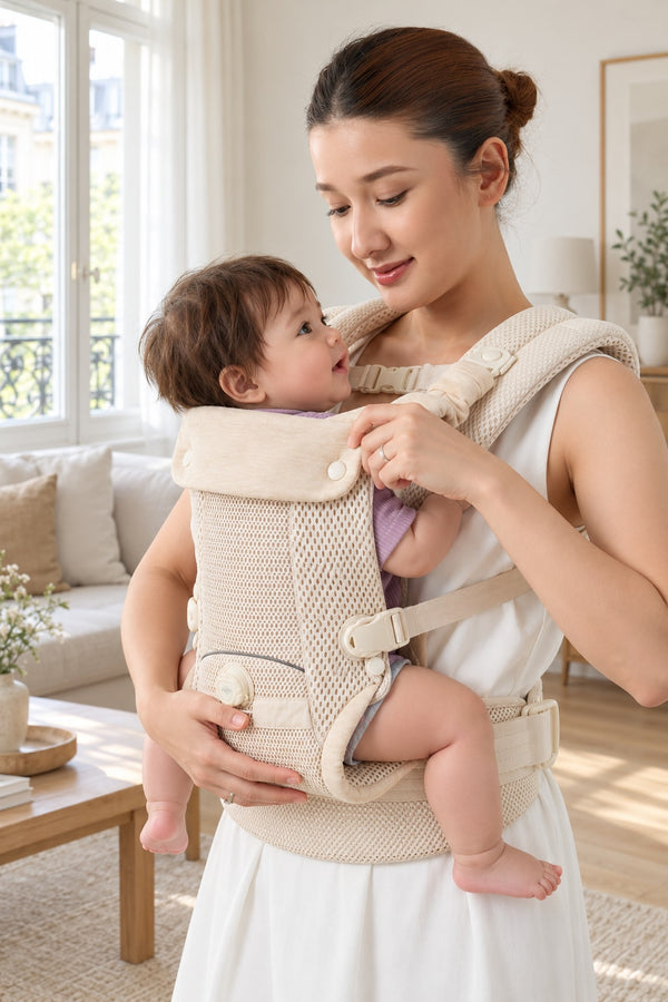 Mother putting her baby, legs spread, into the seat of the Securidou baby carrier