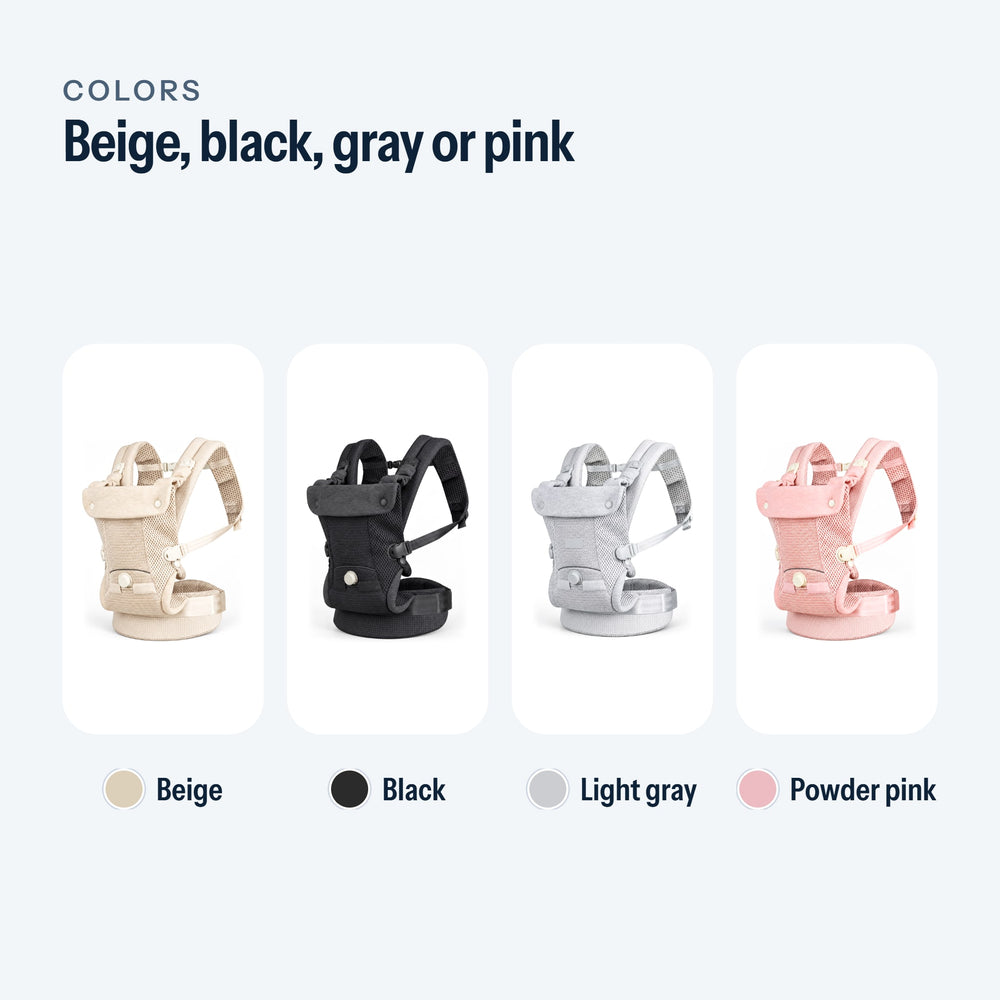 The four colors of the baby carrier: beige, black, light gray or powder pink