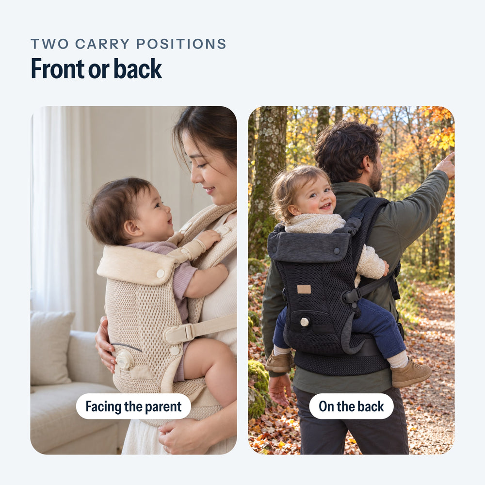 Front carry, facing the parent, and back carry