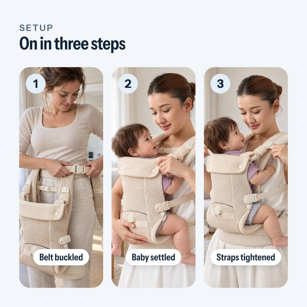 Putting on the baby carrier in three steps