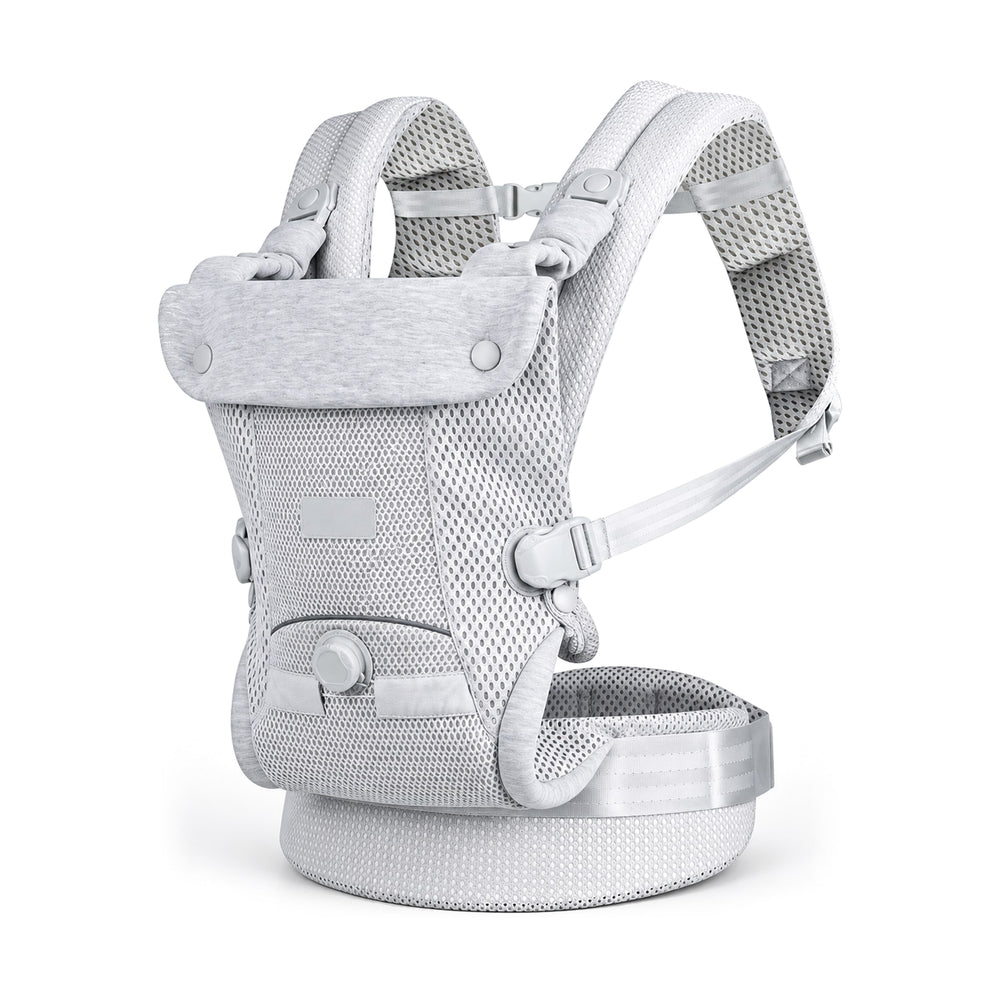 Light gray Securidou ergonomic baby carrier in open mesh, on a white background