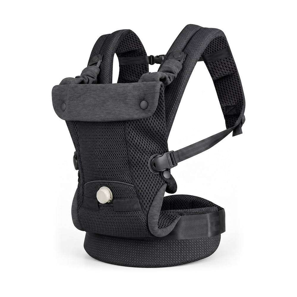 Black Securidou ergonomic baby carrier in open mesh, on a white background