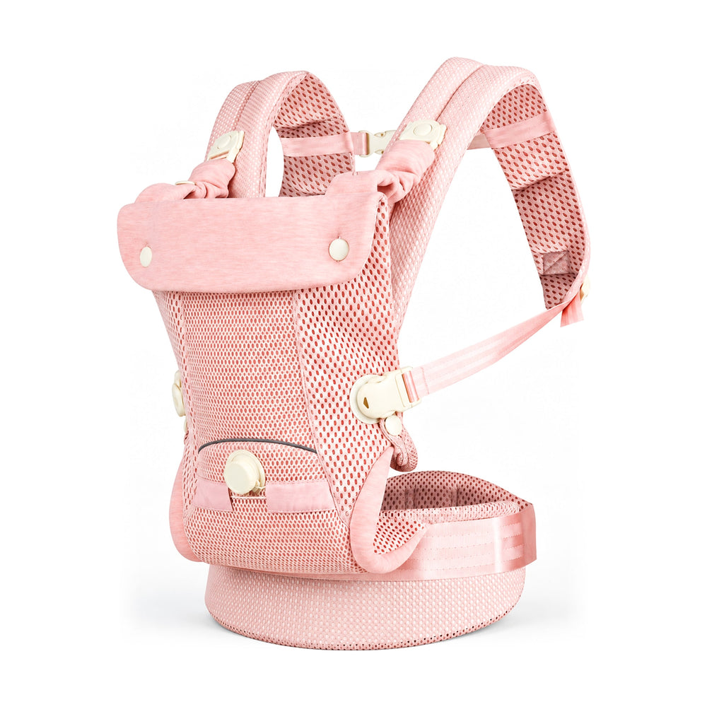 Powder pink Securidou ergonomic baby carrier in open mesh, on a white background