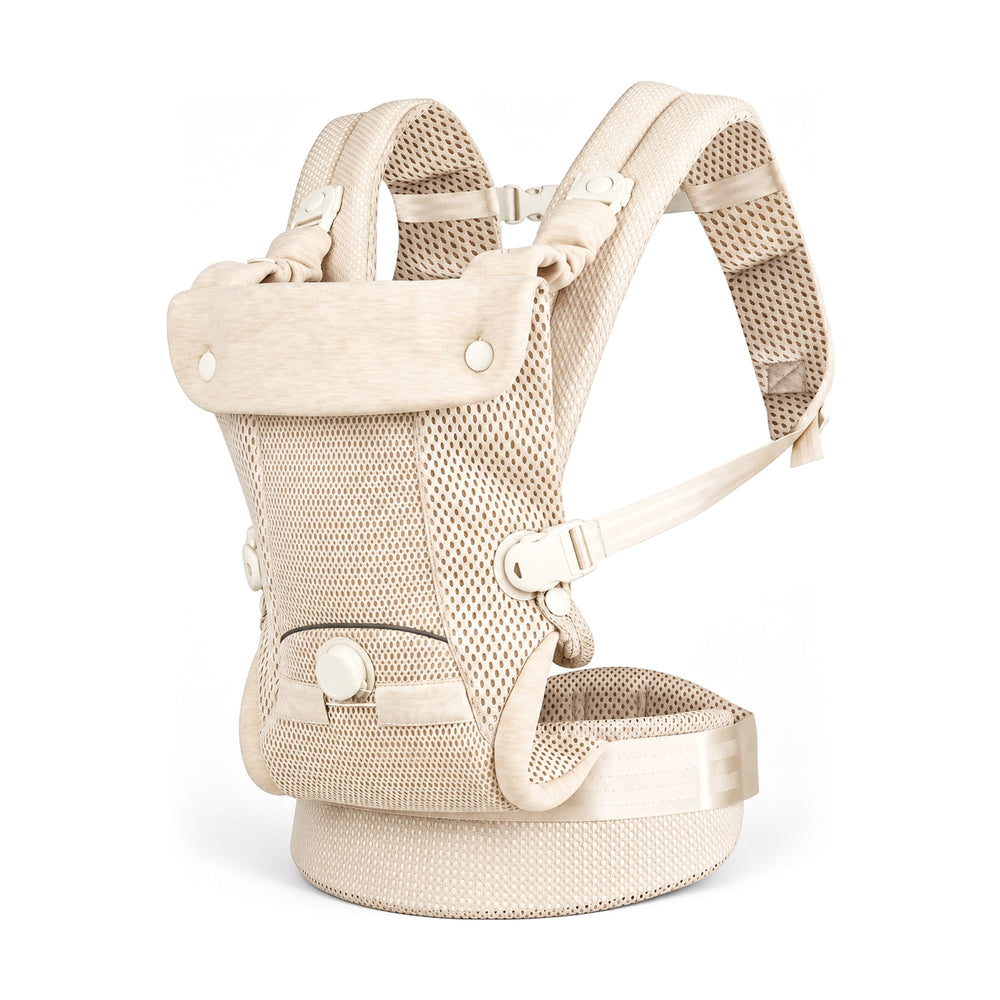 Beige Securidou ergonomic baby carrier in open mesh, on a white background