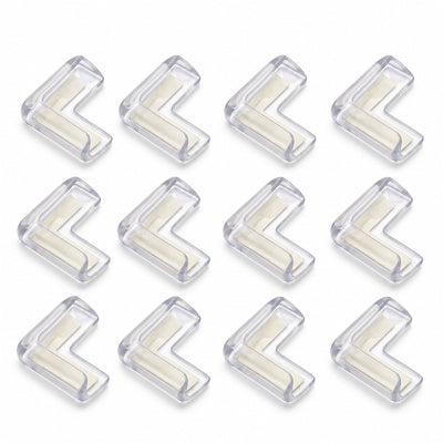 Set of 12 clear Securidou silicone corner protectors, on a white background