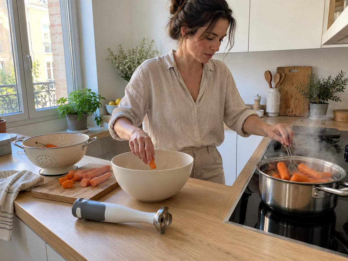 Steamer pot, blender and utensils on the countertop to make a puree