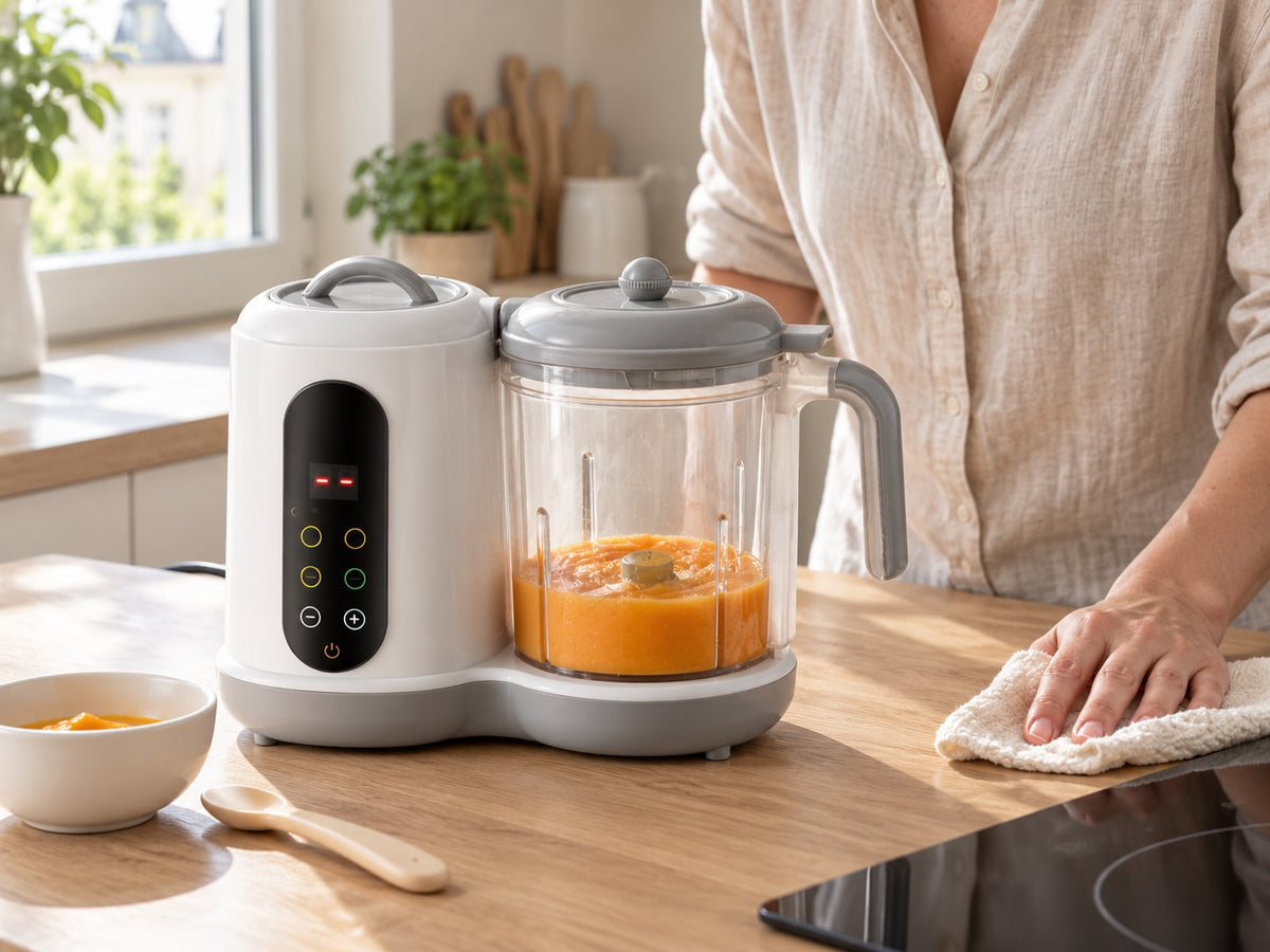 Securidou baby food maker alone on the countertop, puree ready in its bowl