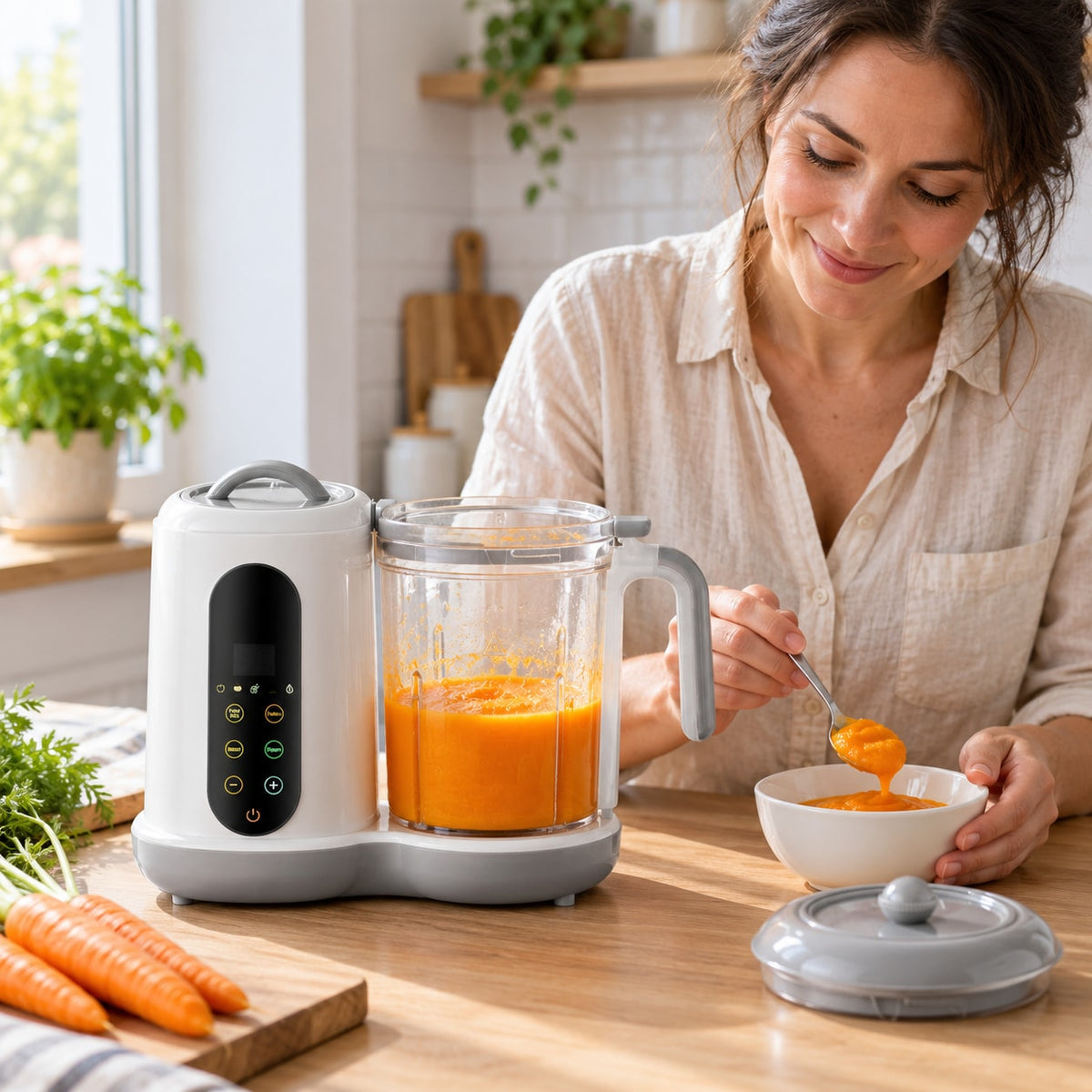 Parent pouring carrot puree from the Securidou baby food maker into a small bowl