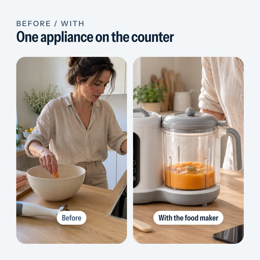 Before: a pot and a blender on the countertop. With: the baby food maker alone