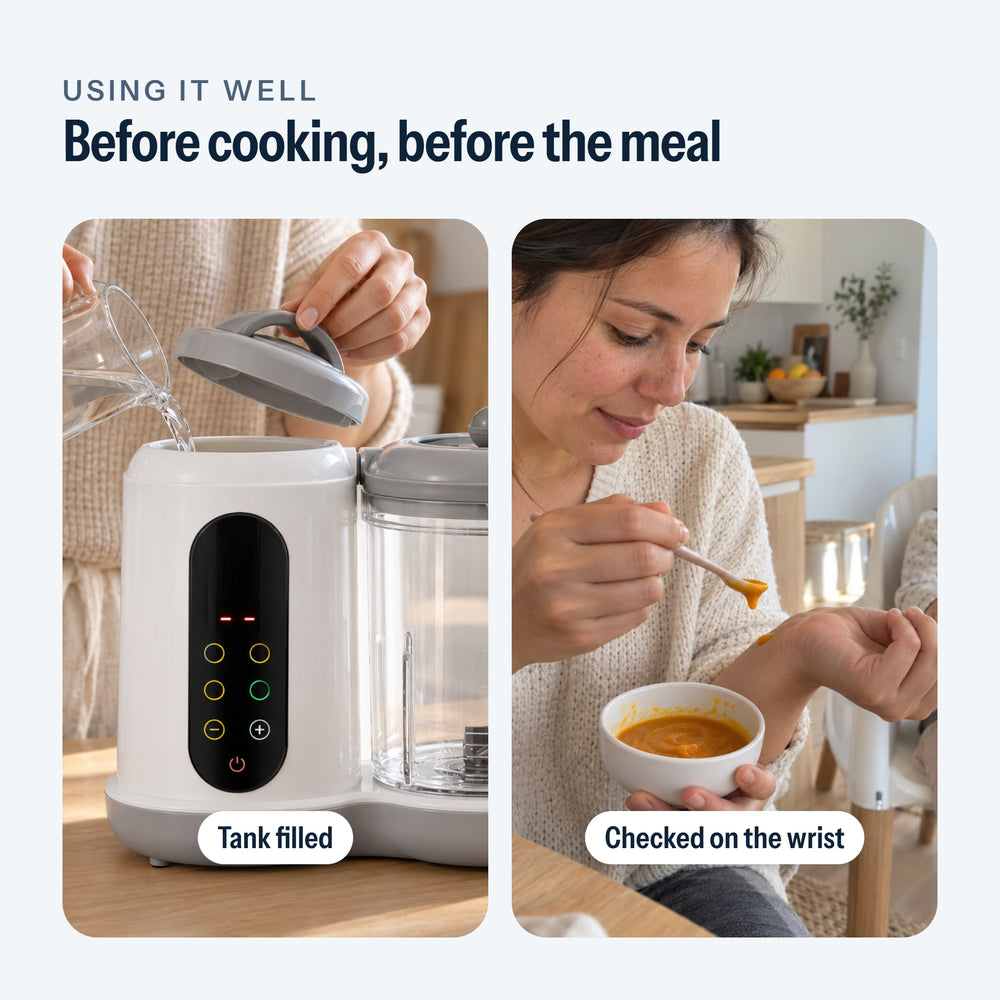 Water poured into the tank, then the puree temperature checked on the wrist