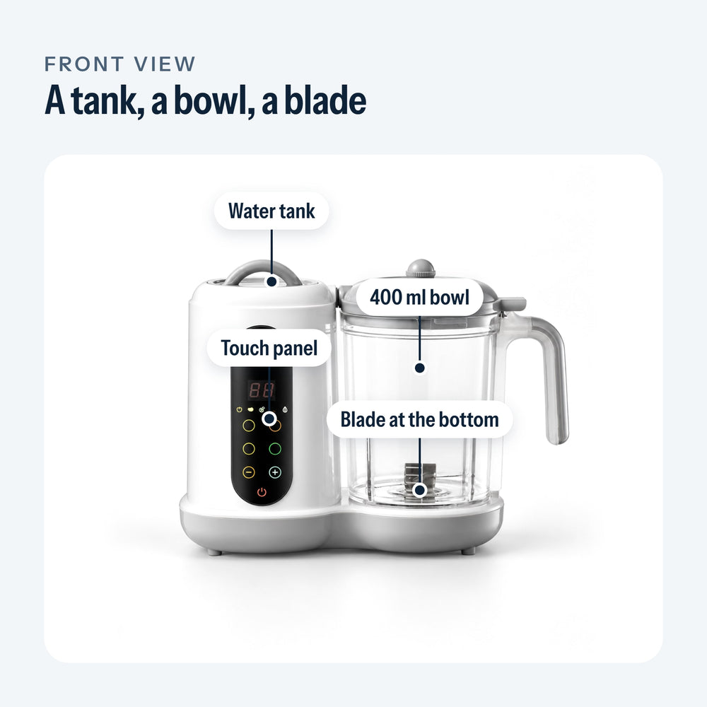 Labeled front view of the baby food maker, from the tank to the blade