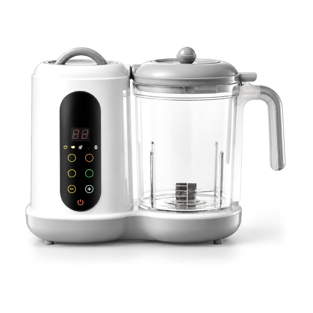 White and gray Securidou baby food maker, clear bowl, on a white background